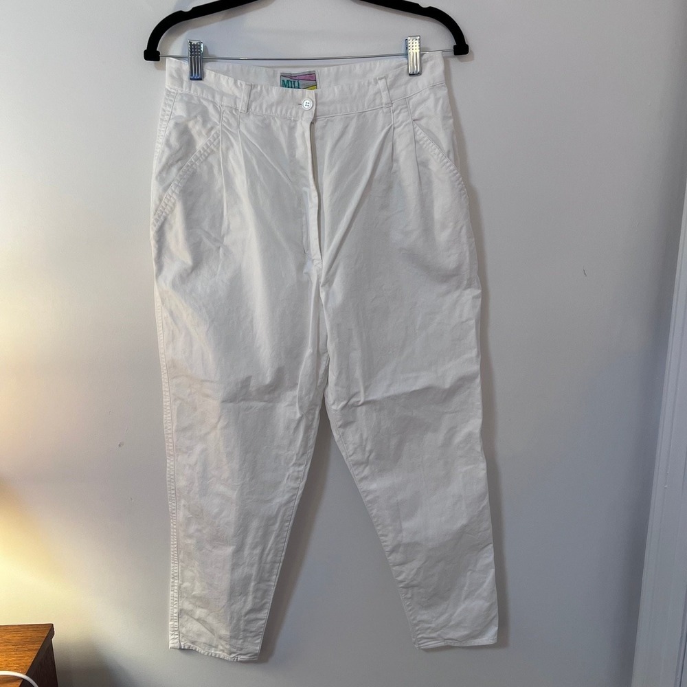 MILI Vintage Women's White High Waisted Pleated Tapered Cotton Pants